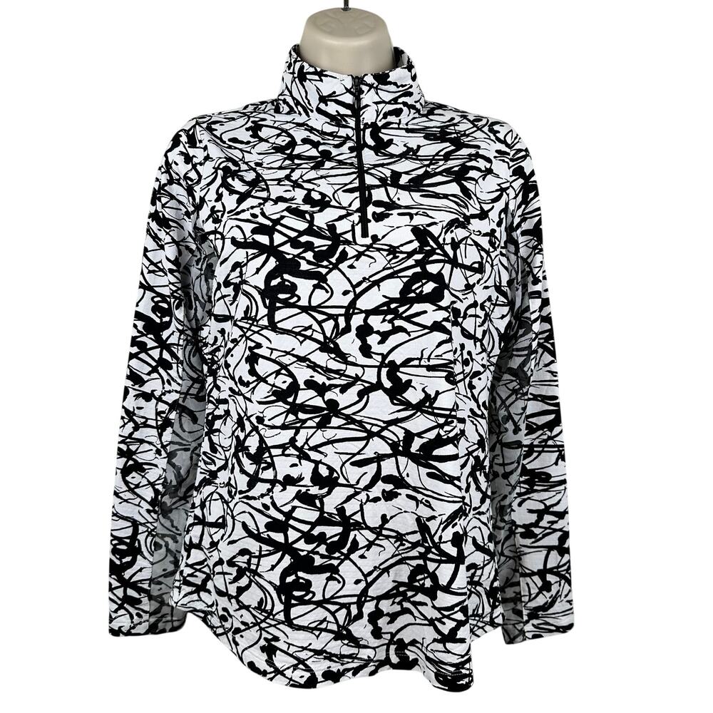 IBKUL Women's Mock Neck 1/4 Zip Shirt Top Abstract Black White Small Golf Tennis